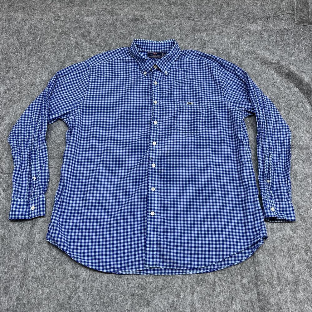 Vineyard Vines Shirt Mens 2XL Blue Check Gingham Long Sleeve Slim Tucker Preppy
